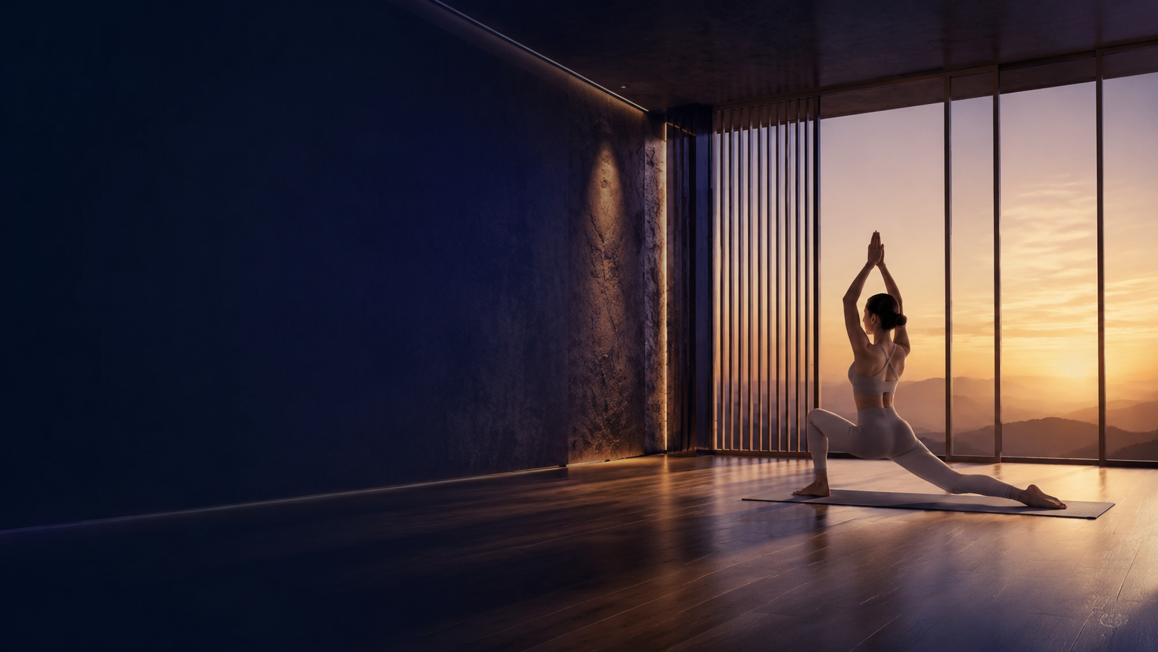 Astrix Yoga practitioner in a serene modern studio at sunrise