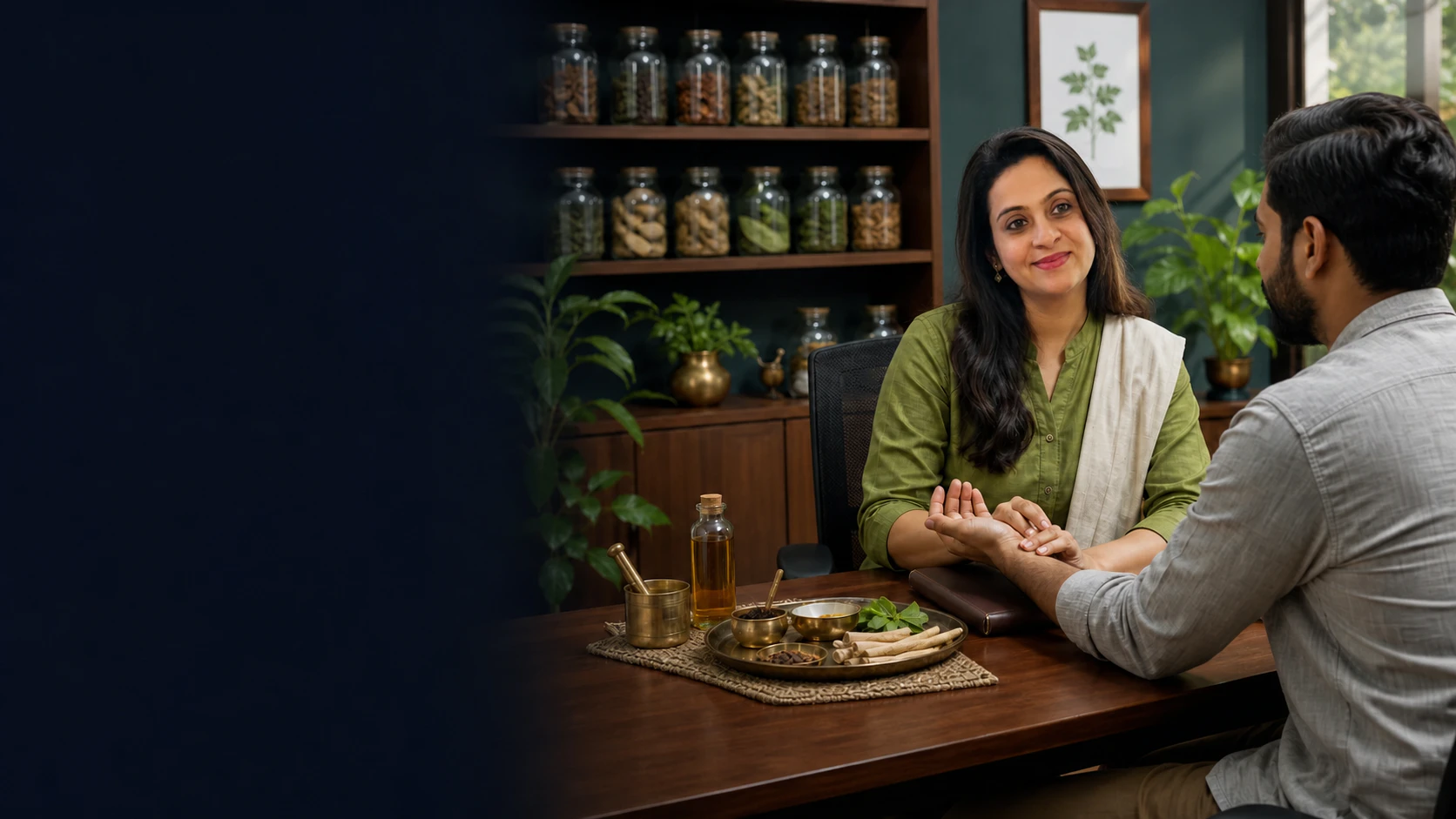 Ayurvedic physician consulting with a patient in a professional clinic with traditional herbs and therapies