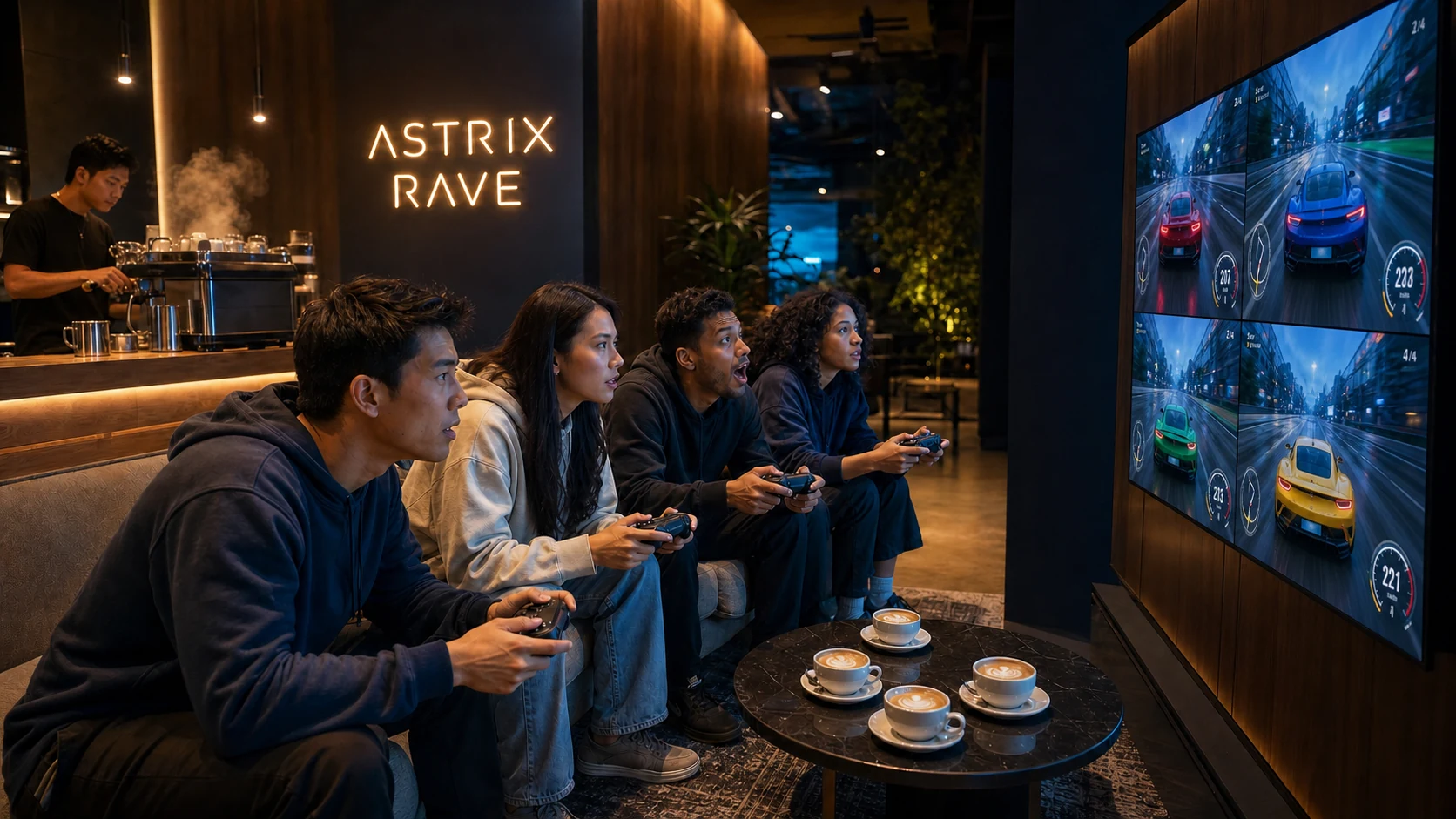 Friends gaming together while a barista serves freshly brewed coffee at Astrix Rave